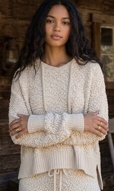 POL Clothing Cream Popcorn Knit Oversized Hoodie Top Large